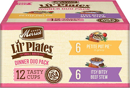 Merrick Lil’ Plates Dinner Duos Itsy Bitsy Beef Stew & Petite Pot Pie Variety Pack Grain-Free Wet Dog Food, 3.5-oz tub, case of 12