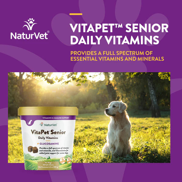 NaturVet VitaPet Senior Daily Vitamins Plus Glucosamine Soft Chews Dog Supplement, 60 Count