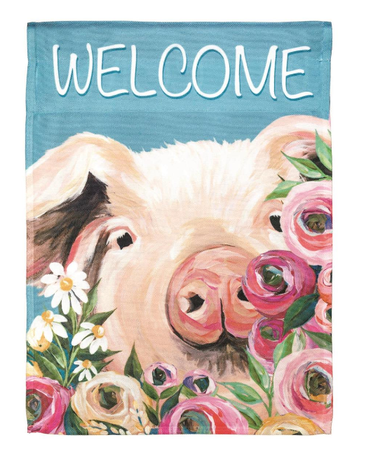 FLAG WELCOME PIG FLORAL 13X18
