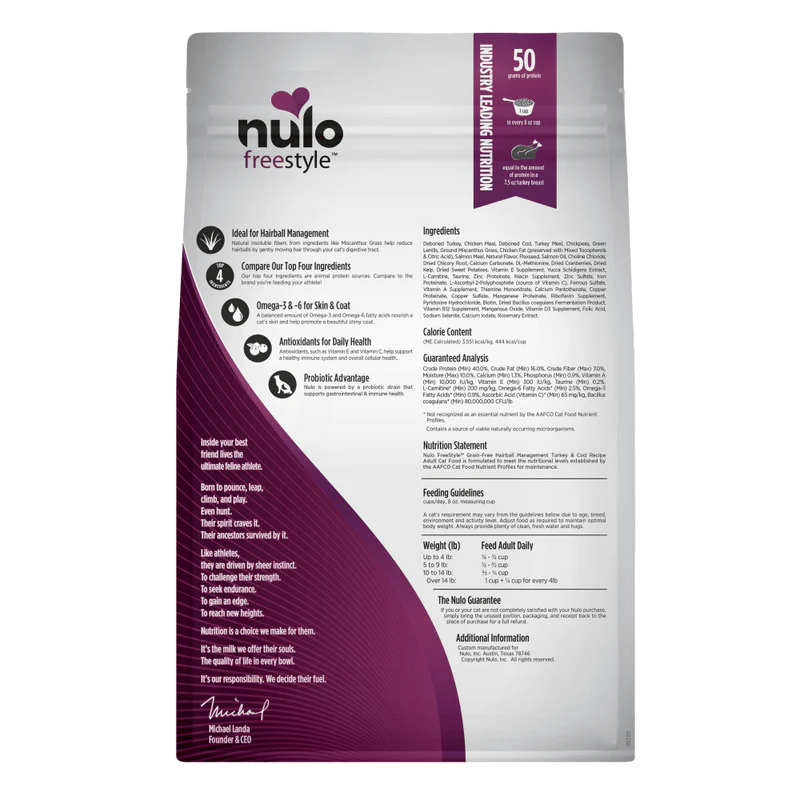 Nulo Freestyle High-Protein, Hairball Management Turkey & Cod recipe dry cat food