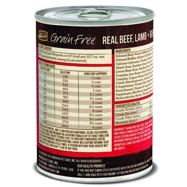 Merrick Grain Free 96 Real Beef Lamb and Buffalo Canned Dog Food