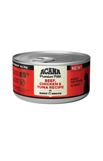 ACANA Beef, Chicken + Tuna Recipe in Bone Broth Wet Cat Food, 3 oz