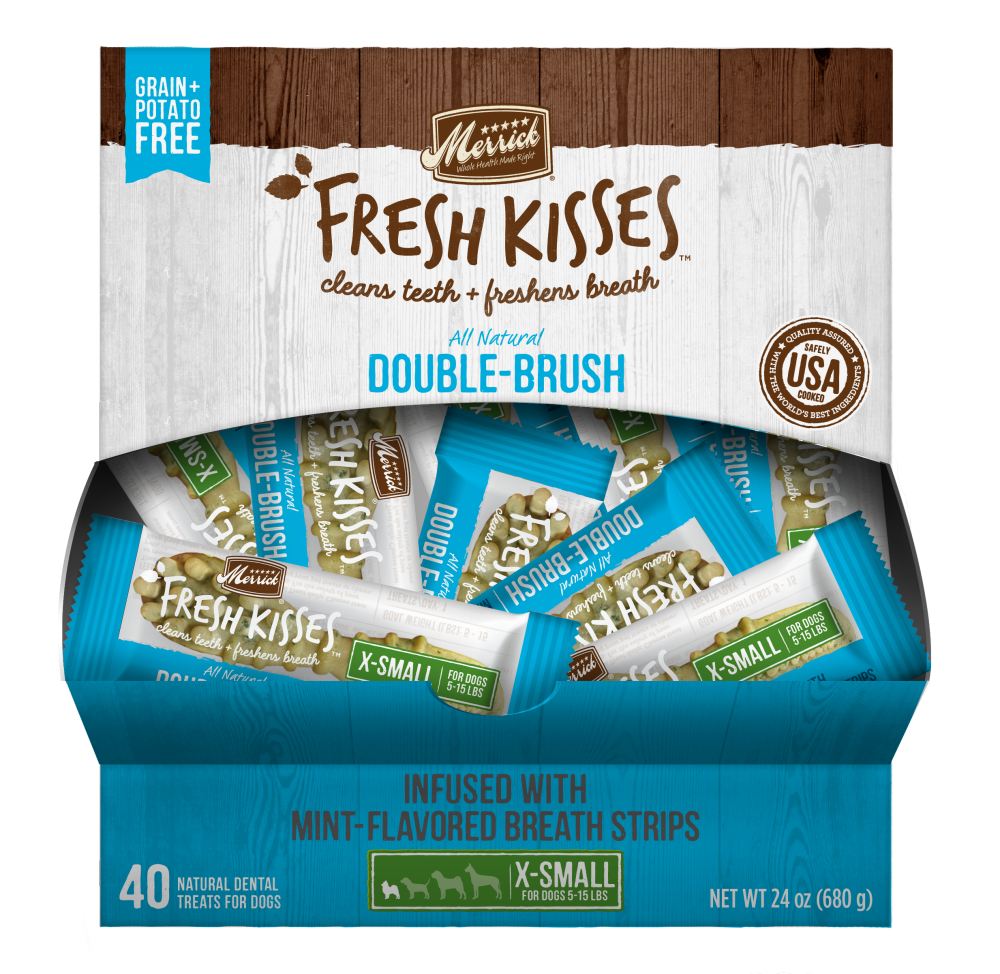 Merrick Fresh Kisses Grain Free Mint Breath Strips Extra Small Dog Treat Box