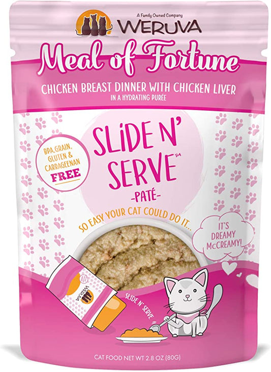 Weruva Slide N' Serve Paté Wet Cat Food, Meal of Fortune Chicken Dinner with Chicken Liver 2.8oz Pouch